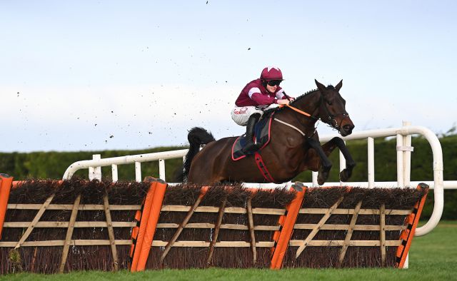 Brighterdaysahead and Sam Ewing negotiate the final flight in the Grade 1 Neville Hotels Hurdle. 