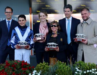 Pictured left to right: Erwan de Chambord, Ronan Whelan, Alice Hernon, Karen Lewis, Simon Kerins CEO Tattersalls Ireland and Cathal Beale CEO Irish National Stud.